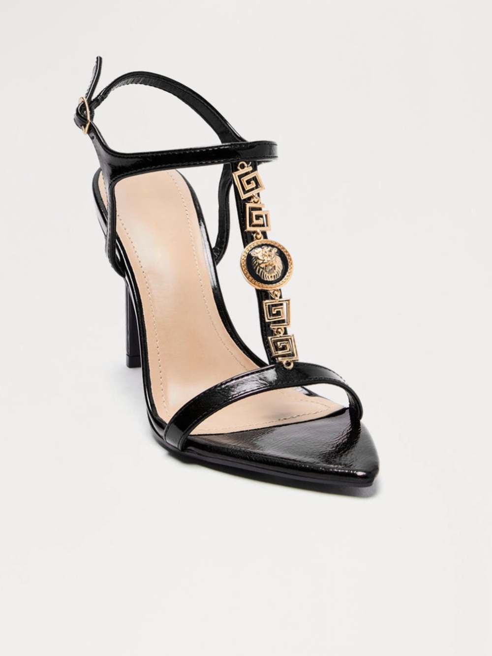 Black T-Strap High Heel Sandal with Gold Medallion